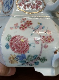 An exceptional large hexagonal Chinese famille rose teapot and cover, Yongzheng