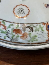 A Chinese Canton famille rose tureen with two compartments and a monogrammed plate, 19th C.