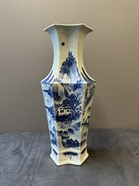 A Chinese blue and white double lozenge-shaped vase with a mountainous river landscape, 19th C.