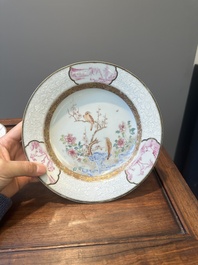 A pair of Chinese famille rose 'magpie and peony' plates with bianco-sopra-bianco rims, Yongzheng