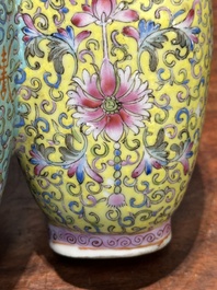 A Chinese famille rose conjoined double-vase with floral design, Qianlong mark, 19th C.