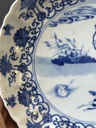 A pair of Chinese blue and white 'Mongolian hunting scene' plates and a pair of plates with floral design, Chenghua and Kangxi mark, Kangxi