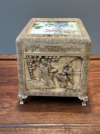 A Chinese Canton carved wooden casket with a famille rose plaque, Republic