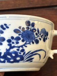 A Chinese blue and white square 'Long Eliza' flask and a covered bowl, Kangxi