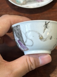 A rare Chinese rose-grisaille cup and saucer after 'Actors of the Com&eacute;die-Francaise' by Watteau, Yongzheng/Qianlong