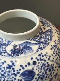 A pair of Chinese blue and white covered vases and three jars, 19th C.