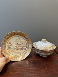 A Chinese Canton famille rose covered bowl and a matching plate, 19th C.