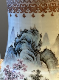 A Chinese famille rose 'hu' vase with mountainous landscape, signed Wang Xiaoting 汪小亭, dated 1943
