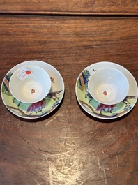Paire de tasses et soucoupes en porcelaine de Chine famille rose &agrave; d&eacute;cor de chevaux, Yongzheng
