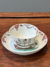 A rare Chinese famille rose 'European merchant ship' cup and saucer, Qianlong