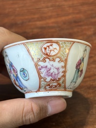 Four Chinese famille rose and iron-red cups and saucers, Yongzheng/Qianlong