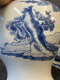 A pair of Chinese blue and white covered vases with figural design, 19th C.