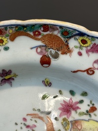 A collection of seven pieces of Chinese famille rose 'tobacco leaf' wares, Qianlong