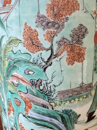 A Chinese famille verte rouleau vase with narrative design, 19th C.