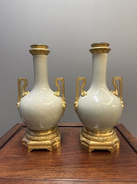 A pair of Chinese ge-type vases with gilt bronze mounts, 19th C.