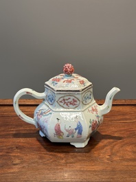 An exceptional large hexagonal Chinese famille rose teapot and cover, Yongzheng