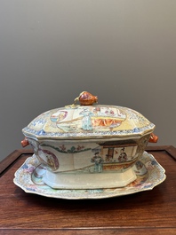 A Chinese Canton famille rose 'mandarin subject' tureen, cover and stand, Qianlong