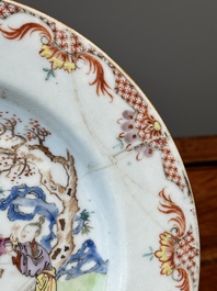 A pair of Chinese famille rose bowls and four plates, Yongzheng/Qianlong