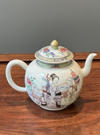 A fine Chinese famille rose teapot with a cat, lady and child, Yongzheng