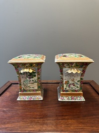 A pair of Chinese Canton famille rose bough pots and covers, 19th C.