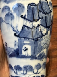 A Chinese blue and white garniture of five vases with landscape design, 19th C.