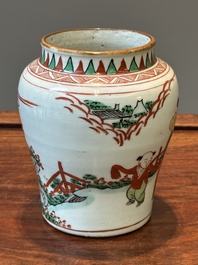 A small Chinese wucai jar with figures in a landscape, Transitional period