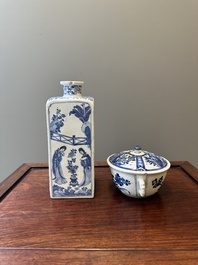 A Chinese blue and white square 'Long Eliza' flask and a covered bowl, Kangxi