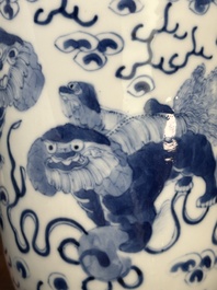 A pair of Chinese blue and white 'Buddhist lion' vases, Kangxi mark, 19th C.