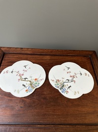 A pair of Chinese famille rose plaques with birds among blossoming branches, 19th C.