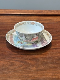 A rare Chinese rose-grisaille cup and saucer after 'Actors of the Com&eacute;die-Francaise' by Watteau, Yongzheng/Qianlong