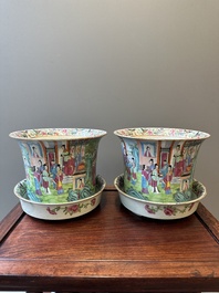A pair of fine Chinese Canton famille rose jardinieres on stands, 19th C.
