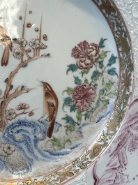 A pair of Chinese famille rose 'magpie and peony' plates with bianco-sopra-bianco rims, Yongzheng