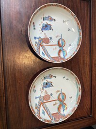 A pair of Dutch-decorated Kakiemon-style Chinese porcelain plates, 18th C.