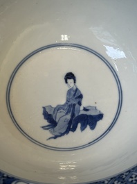 A Chinese blue and white 'klapmuts' bowl with a killing scene, Chenghua mark, Kangxi