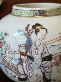 A fine Chinese famille rose teapot with a cat, lady and child, Yongzheng