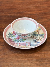 Four Chinese famille rose and iron-red cups and saucers, Yongzheng/Qianlong