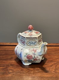 An exceptional large hexagonal Chinese famille rose teapot and cover, Yongzheng