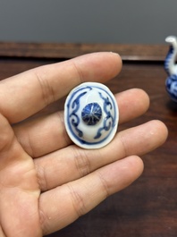 Two Chinese blue and white vases, two miniature jugs and a tea caddy, Kangxi