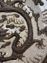 Two pairs of Chinese blue and white Nanking crackle-glazed 'dragon' vases and a dish, Chenghua mark, 19th C.