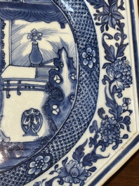 A pair of octagonal Chinese blue and white 'Xi Xiang Ji' dishes and a pair of famille rose dishes, Yongzheng