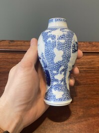 A pair of Chinese blue and white vases and four blue and white, famille rose and Imari-style salts, Kangxi/Qianlong