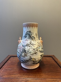 A Chinese famille rose 'hu' vase with mountainous landscape, signed Wang Xiaoting 汪小亭, dated 1943