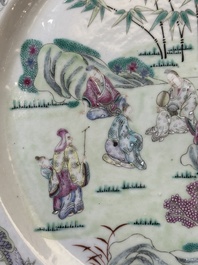 A Chinese Canton famille rose green-ground 'dragon' jug and a 'Seven Sages of the Bamboo Grove' plate, 19th C.