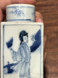 Een rechthoekige Chinese blauw-witte 'Lange Lijzen' theebus en deksel, Kangxi