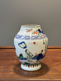 A Chinese wucai vase with figures and calligraphy, Transitional period