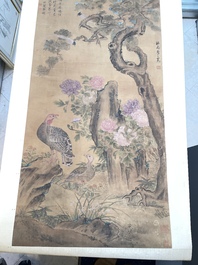 Yu Feian 于非闇 (1889-1959): 'Pheasants under the pine tree', ink and colour on silk