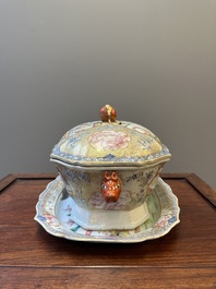 A Chinese Canton famille rose 'mandarin subject' tureen, cover and stand, Qianlong