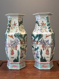 A pair of Chinese hexagonal famille rose vases, 19th C.