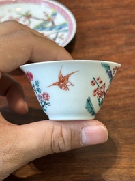 Four Chinese famille rose and iron-red cups and saucers, Yongzheng/Qianlong