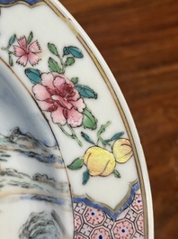 A Chinese famille rose ruby-back eggshell plate with a fine landscape, Yongzheng